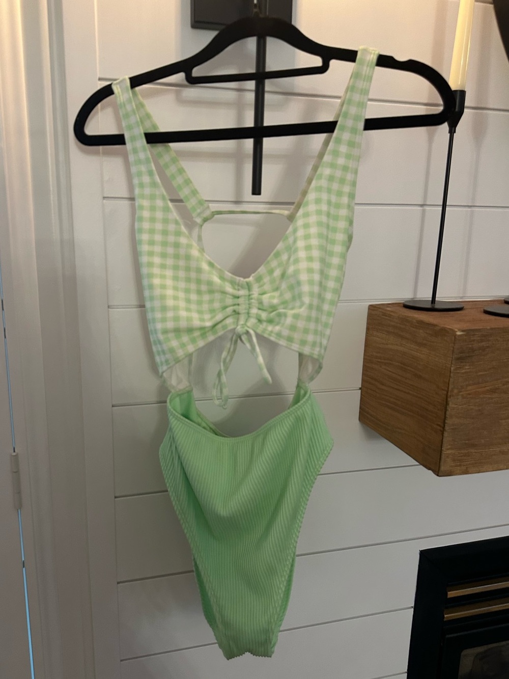 Hollister Light Green Gingham & Ribbed One-Piece Swimsuit